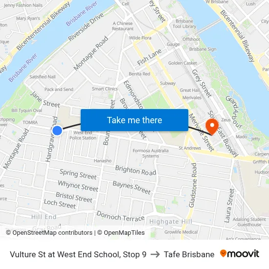 Vulture St at West End School, Stop 9 to Tafe Brisbane map