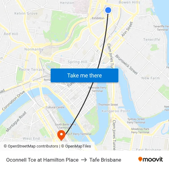 Oconnell Tce at Hamilton Place to Tafe Brisbane map