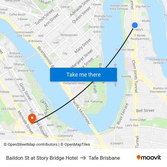 Baildon St at Story Bridge Hotel to Tafe Brisbane map