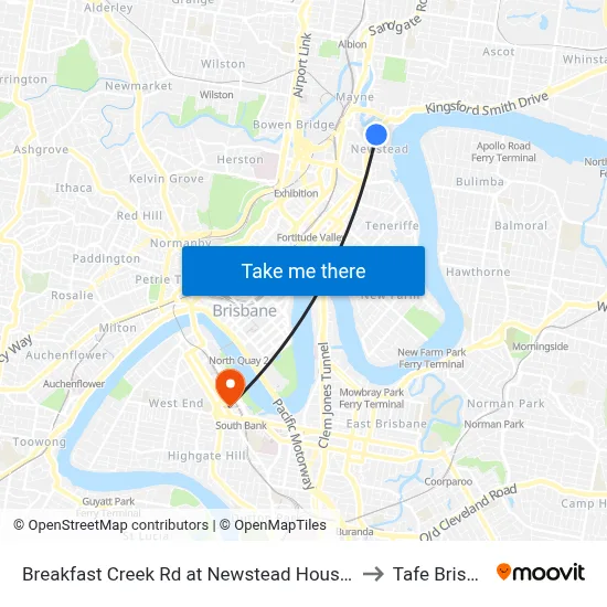 Breakfast Creek Rd at Newstead House, Stop 12 to Tafe Brisbane map