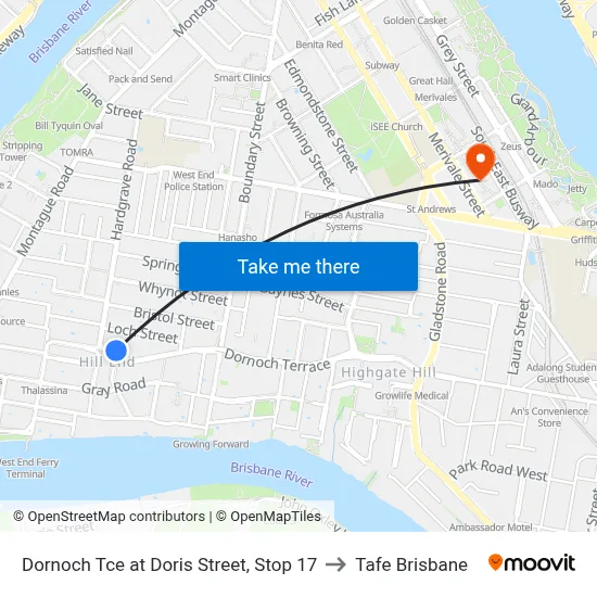 Dornoch Tce at Doris Street, Stop 17 to Tafe Brisbane map