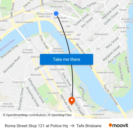 Roma Street Stop 121 at Police Hq to Tafe Brisbane map