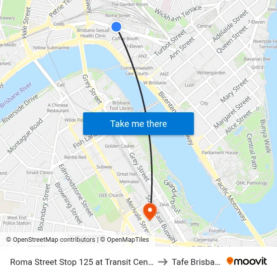 Roma Street Stop 125 at Transit Centre to Tafe Brisbane map