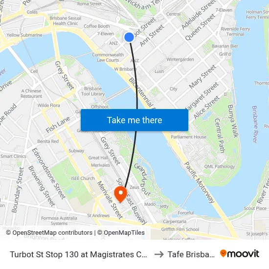 Turbot St Stop 130 at Magistrates Court to Tafe Brisbane map
