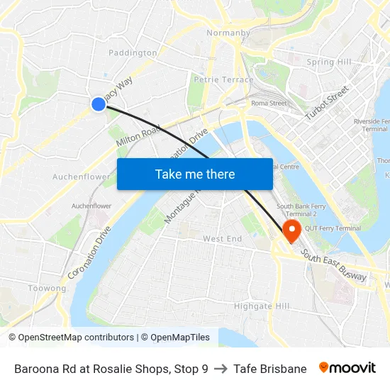 Baroona Rd at Rosalie Shops, Stop 9 to Tafe Brisbane map