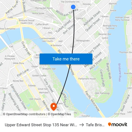 Upper Edward Street Stop 135 Near Wickham Tce to Tafe Brisbane map