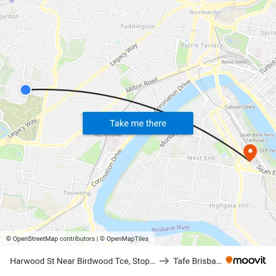 Harwood St Near Birdwood Tce, Stop 28a to Tafe Brisbane map