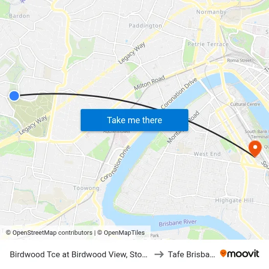 Birdwood Tce at Birdwood View, Stop 30 to Tafe Brisbane map