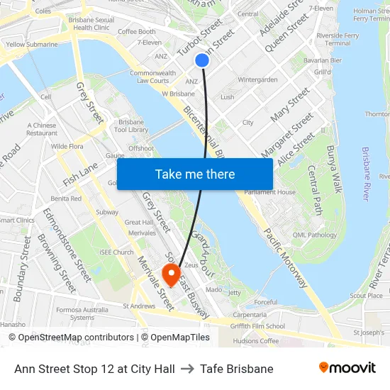 Ann Street Stop 12 at City Hall to Tafe Brisbane map