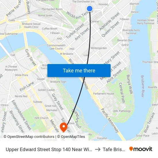 Upper Edward Street Stop 140 Near Wickham Tce to Tafe Brisbane map
