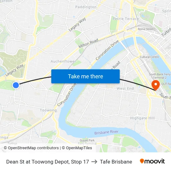 Dean St at Toowong Depot, Stop 17 to Tafe Brisbane map
