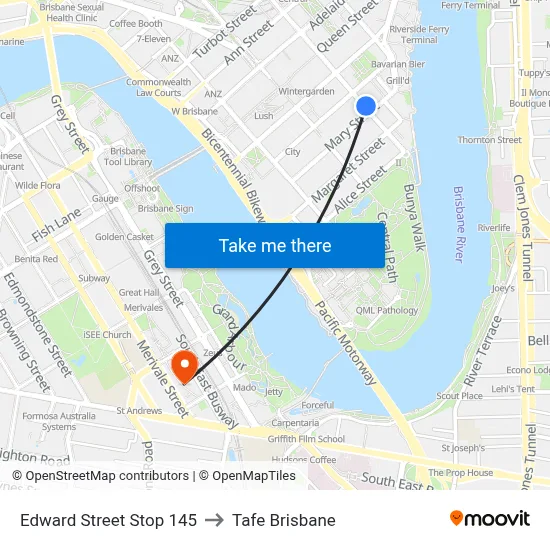 Edward Street Stop 145 to Tafe Brisbane map