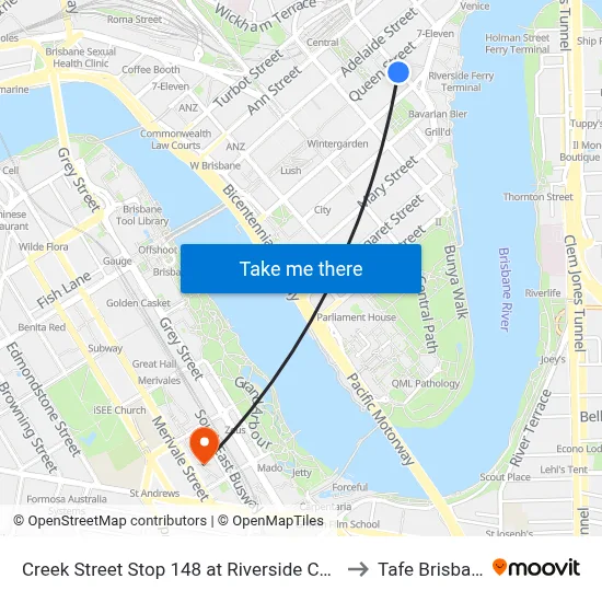 Creek Street Stop 148 at Riverside Centre to Tafe Brisbane map