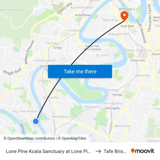 Lone Pine Koala Sanctuary at Lone Pine, Stop 42 to Tafe Brisbane map