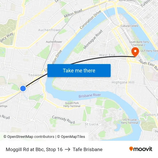 Moggill Rd at Bbc, Stop 16 to Tafe Brisbane map