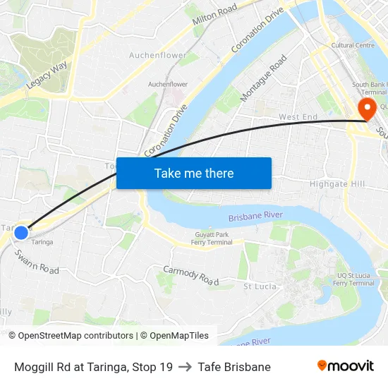 Moggill Rd at Taringa, Stop 19 to Tafe Brisbane map
