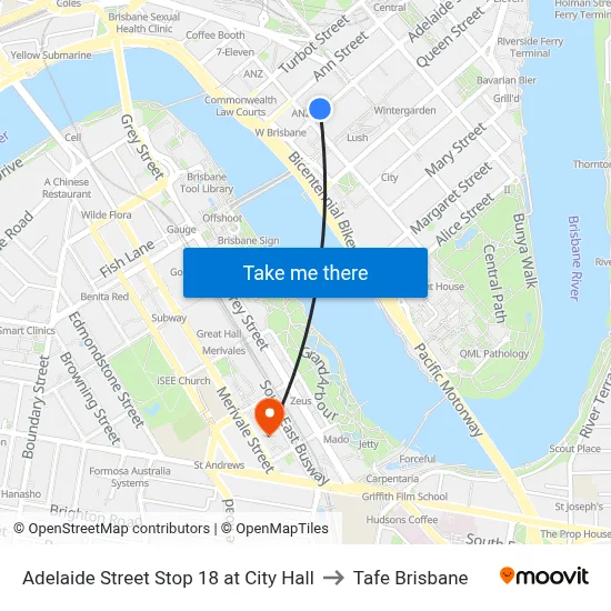 Adelaide Street Stop 18 at City Hall to Tafe Brisbane map