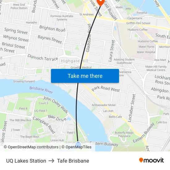 UQ Lakes Station to Tafe Brisbane map