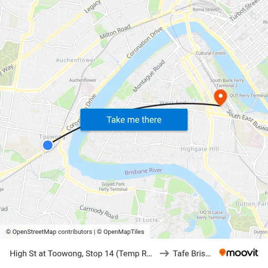 High St at Toowong, Stop 14 (Temp Relocation) to Tafe Brisbane map