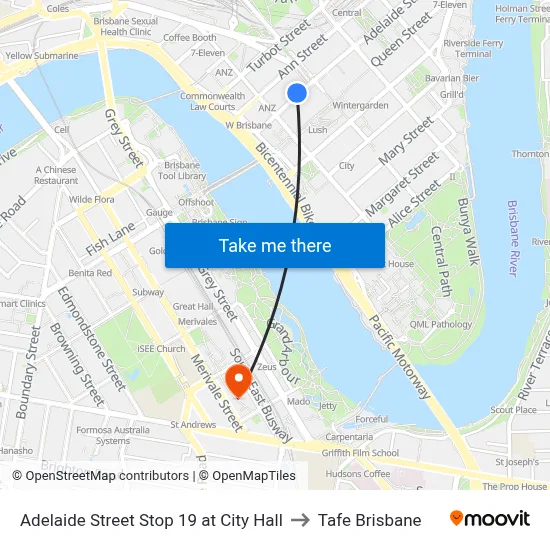 Adelaide Street Stop 19 at City Hall to Tafe Brisbane map