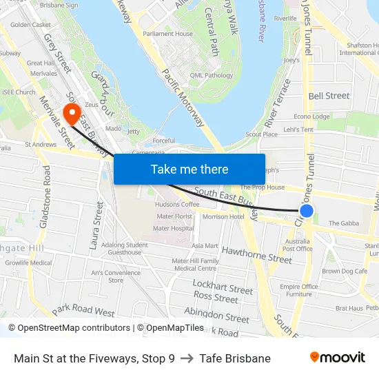 Main St at the Fiveways, Stop 9 to Tafe Brisbane map