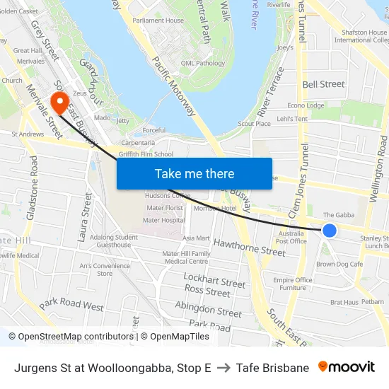 Jurgens St at Woolloongabba, Stop E to Tafe Brisbane map