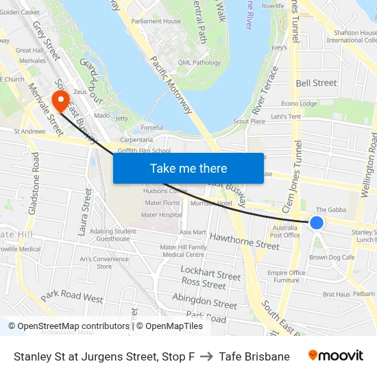 Stanley St at Jurgens Street, Stop F to Tafe Brisbane map