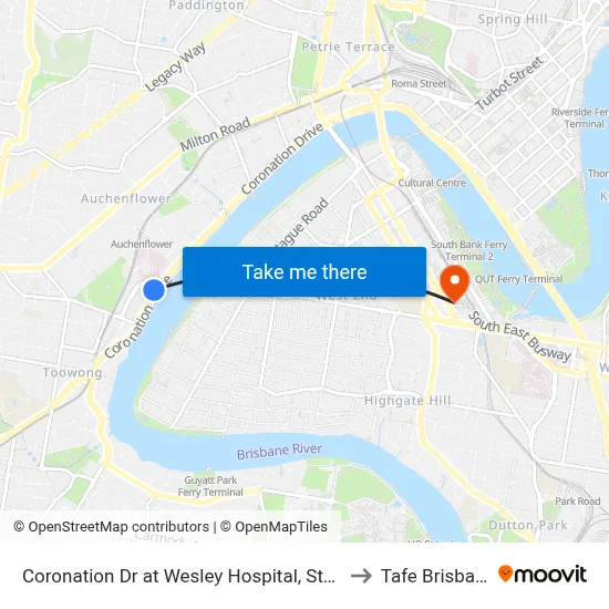 Coronation Dr at Wesley Hospital, Stop 9 to Tafe Brisbane map