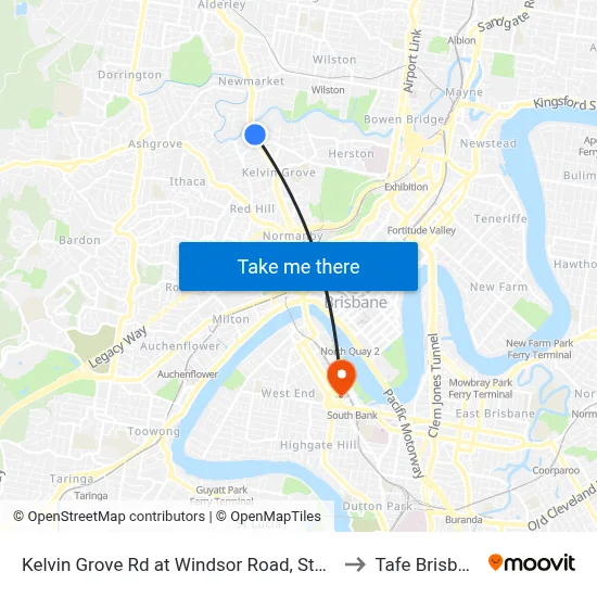 Kelvin Grove Rd at Windsor Road, Stop 16 to Tafe Brisbane map