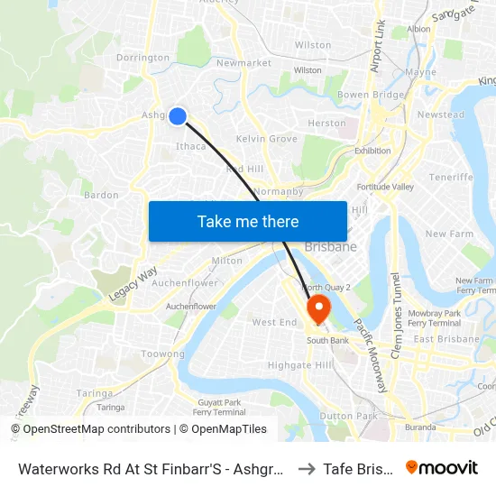 Waterworks Rd At St Finbarr'S - Ashgrove, Stop 16 to Tafe Brisbane map