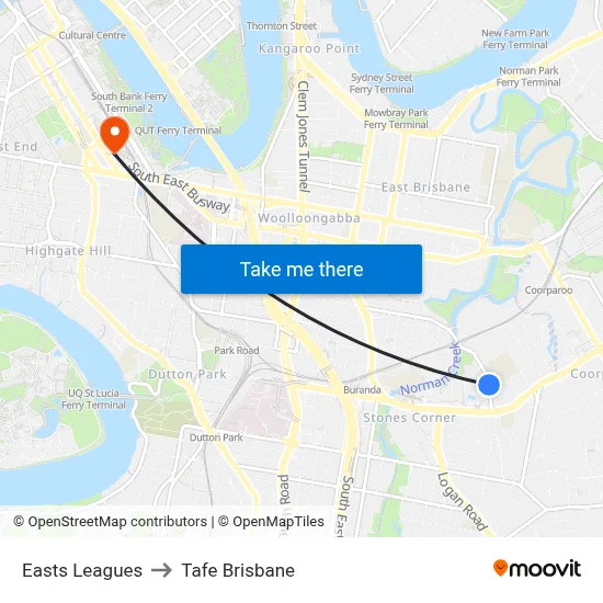 Easts Leagues to Tafe Brisbane map