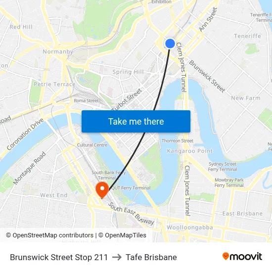 Brunswick Street Stop 211 to Tafe Brisbane map