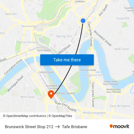 Brunswick Street Stop 212 to Tafe Brisbane map