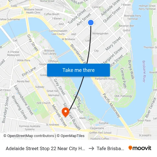Adelaide Street Stop 22 Near City Hall to Tafe Brisbane map