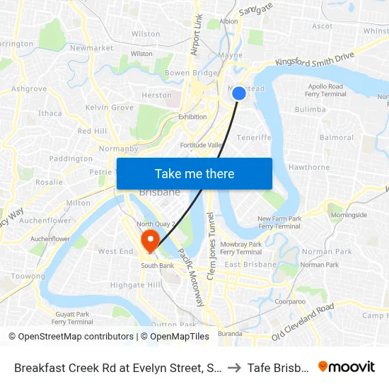 Breakfast Creek Rd at Evelyn Street, Stop 10 to Tafe Brisbane map