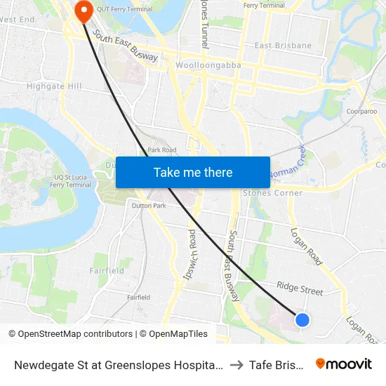 Newdegate St at Greenslopes Hospital, Stop 23 to Tafe Brisbane map