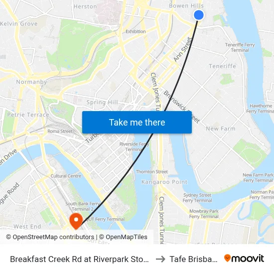 Breakfast Creek Rd at Riverpark Stop 9 to Tafe Brisbane map