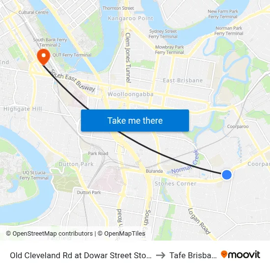 Old Cleveland Rd at Dowar Street Stop 20 to Tafe Brisbane map