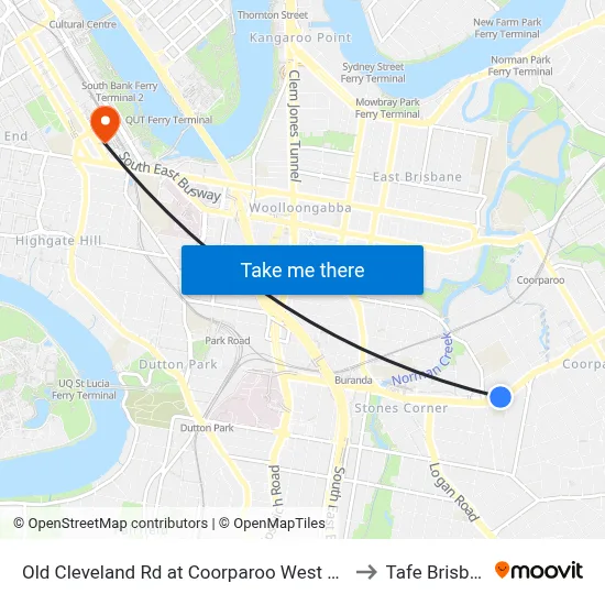 Old Cleveland Rd at Coorparoo West Stop 19 to Tafe Brisbane map