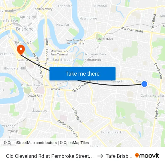 Old Cleveland Rd at Pembroke Street, Stop 36 to Tafe Brisbane map