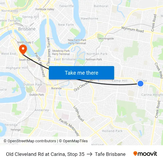 Old Cleveland Rd at Carina, Stop 35 to Tafe Brisbane map