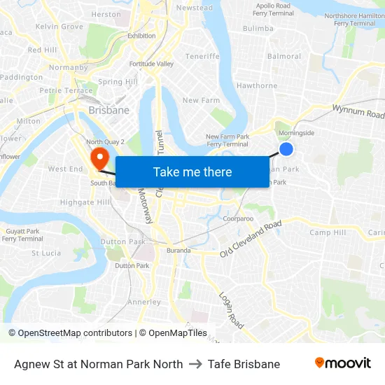 Agnew St at Norman Park North to Tafe Brisbane map