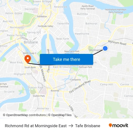 Richmond Rd at Morningside East to Tafe Brisbane map