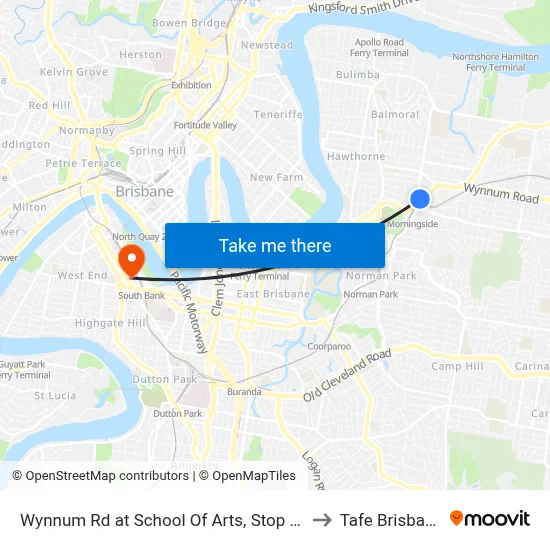 Wynnum Rd at School Of Arts, Stop 27 to Tafe Brisbane map
