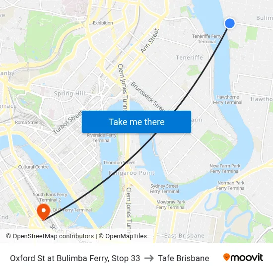 Oxford St at Bulimba Ferry, Stop 33 to Tafe Brisbane map
