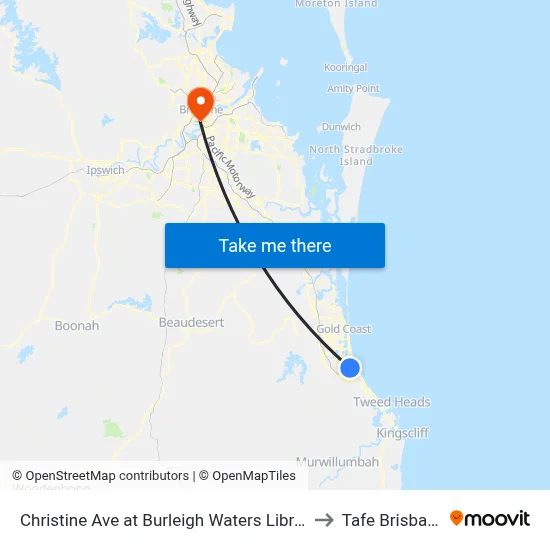 Christine Ave at Burleigh Waters Library to Tafe Brisbane map