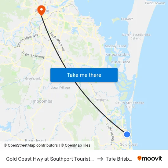 Gold Coast Hwy at Southport Tourist Park to Tafe Brisbane map