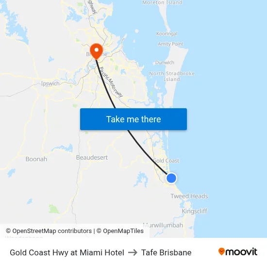 Gold Coast Hwy at Miami Hotel to Tafe Brisbane map