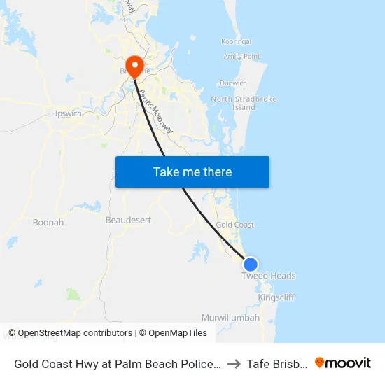 Gold Coast Hwy at Palm Beach Police Station to Tafe Brisbane map