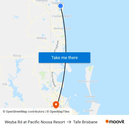 Weyba Rd at Pacific Noosa Resort to Tafe Brisbane map